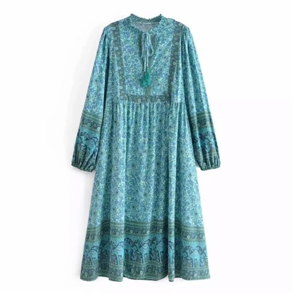 SOLD OUT Aqua Bohemian Floral Camel Long Sleeve Bohemian Gypsy Dress - Picture 4 of 5